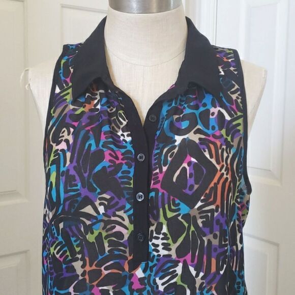 🔴 NICOLE MILLER Sleeveless Collared Top Tunic Colorful Black Bold Lightweight - Picture 4 of 13